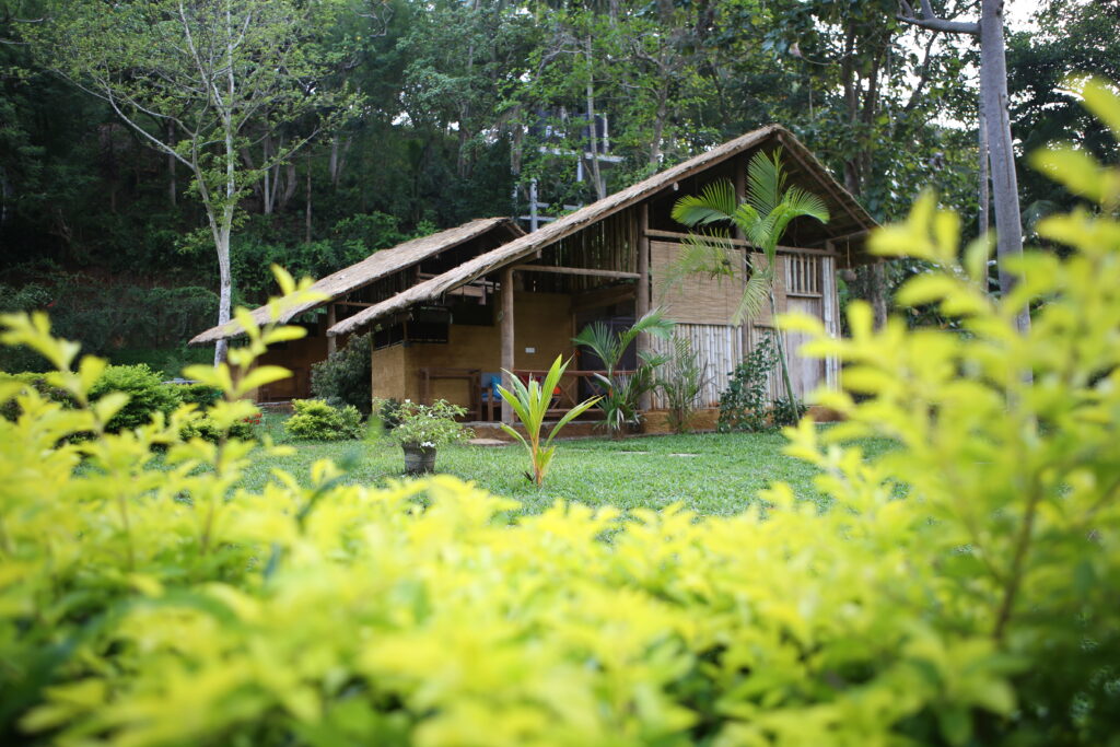 Timber-and-thatch garden cabins at Talalla Retreat, Sri Lanka