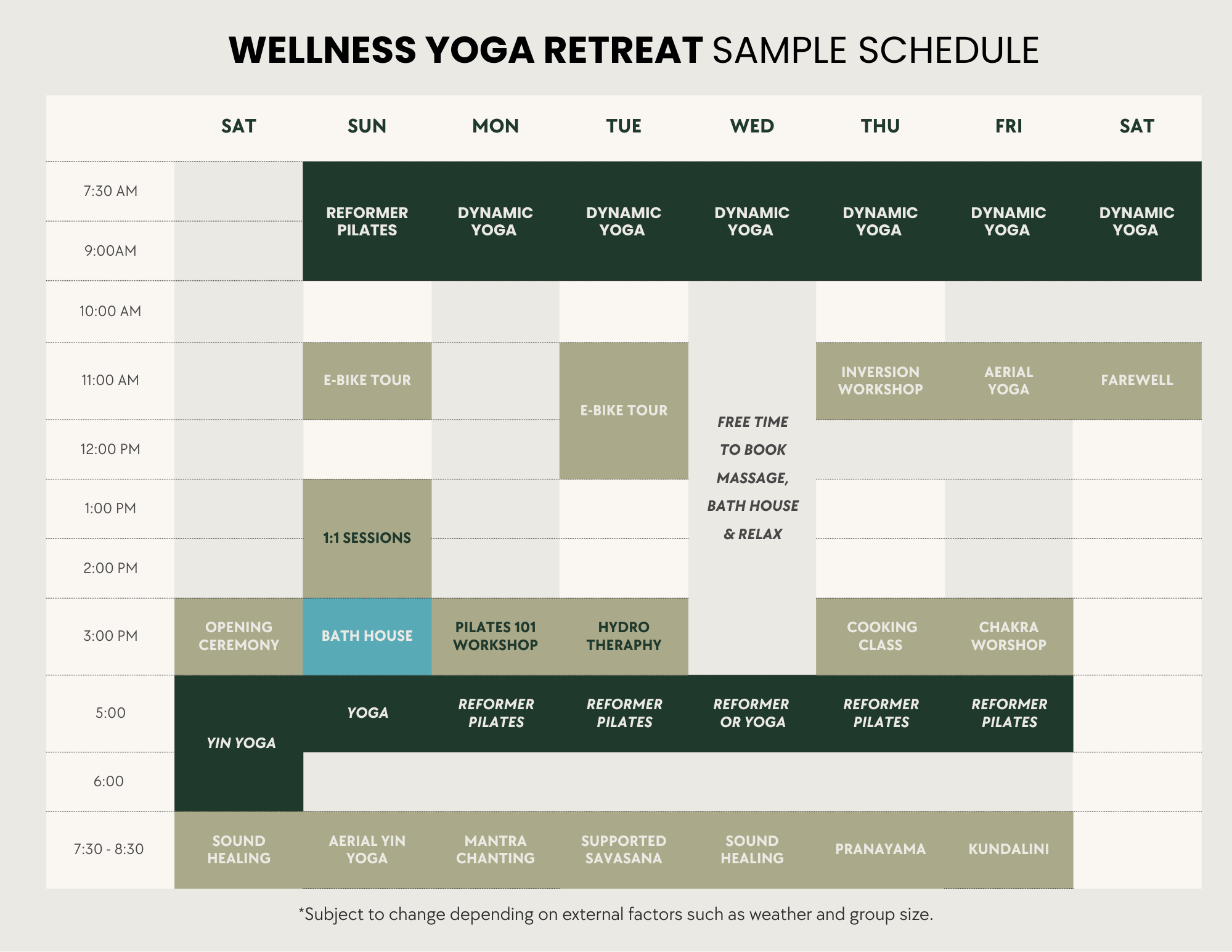 Sample weekly schedule for the Wellness retreat at Talalla Retreat, Sri Lanka